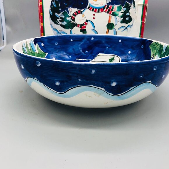 Holiday Ceramic Serving Bowl Snowmen World Bazar Christmas 12" Width READ - Picture 3 of 8